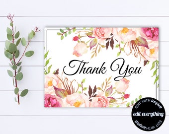 Floral Thank You Card - Thank You Template - Printable Thank You - Wedding Thank You - Thank You Cards - Instant Download - DIY Thank You