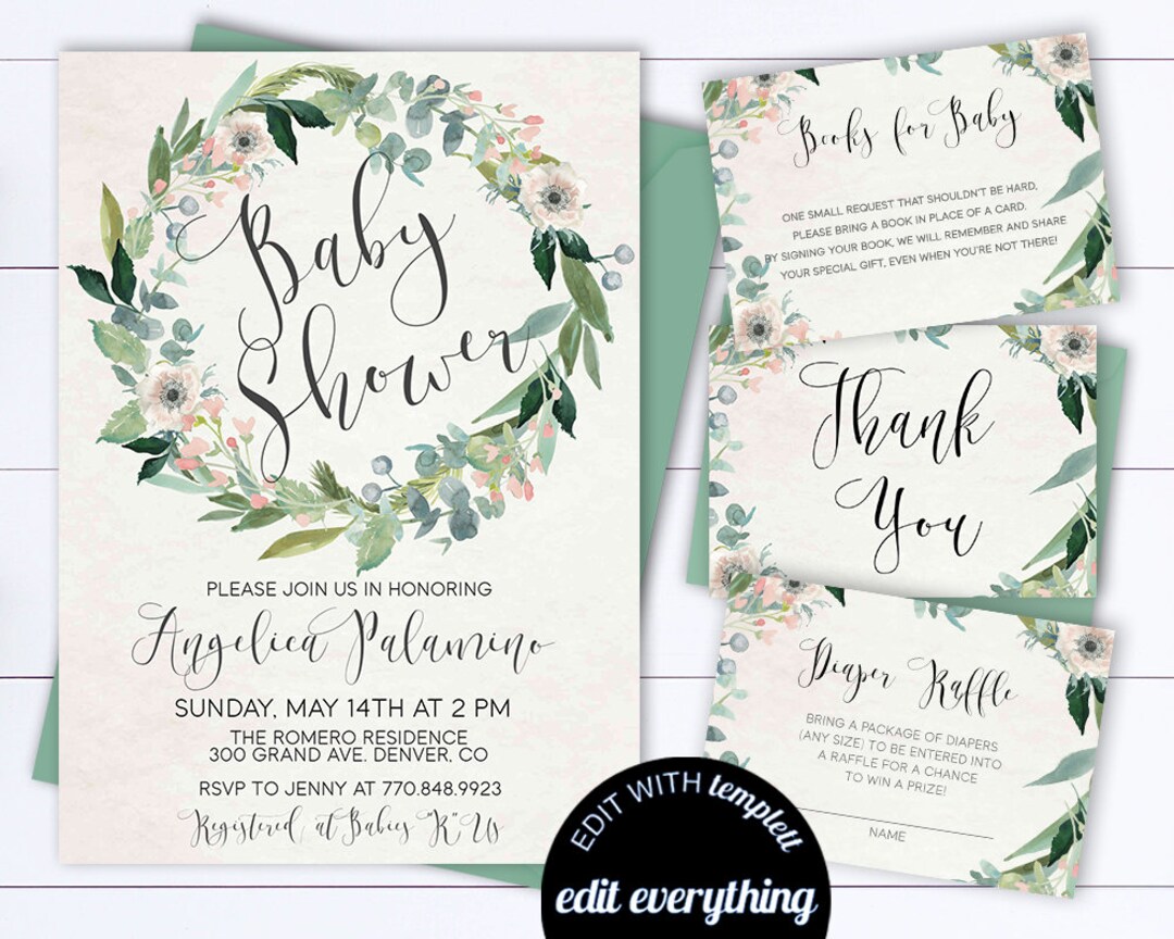 Floral Wreath Baby Shower Invitation Template Watercolor Floral Wreath ...