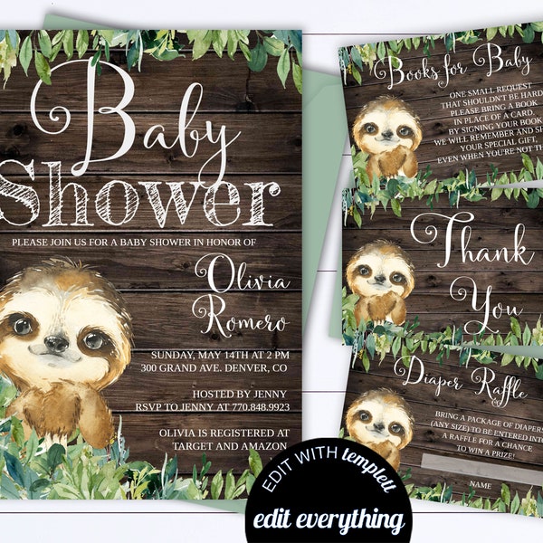 Baby Sloth Baby Shower Invitation Template Gender Neutral Sloth Invitation Sloth Baby Shower Invite Baby Sloth Invite Baby Sloth Invitation