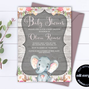 Rustic Baby Shower Invitation Template - Girl Baby Shower Invite - Elephant Baby Shower Template - Rustic Baby Girl Shower invitation