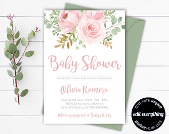 Pink Floral Baby Shower Invitation Template Watercolor Baby Shower Invite Girl Baby Shower Flower Invitation Greenery Baby Shower Invite