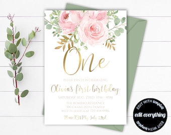 Gold Erster Geburtstag Einladung Vorlage Rosa Blumen 1. Geburtstag Einladung Rosa Erster Geburtstag Mädchen Erster Geburtstag Einladen Mädchen Geburtstag