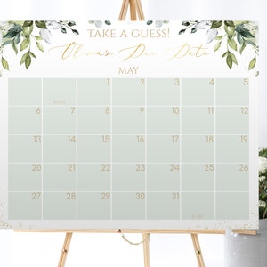 Greenery Due Date Poster Vorlage Editierbar Errate das Fälligkeitsdatum Baby Shower Spiel Baby Shower Kalender Geburtstagsvorhersage Baby Shower Aktivität