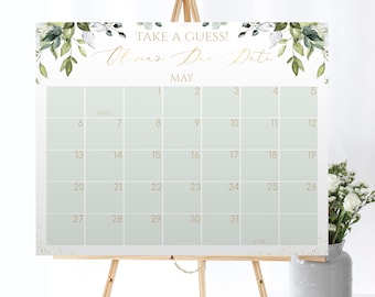 Greenery Due Date Poster Vorlage Editierbar Errate das Fälligkeitsdatum Baby Shower Spiel Baby Shower Kalender Geburtstagsvorhersage Baby Shower Aktivität