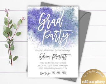 Plantilla editable de invitación a la fiesta de graduación Plantilla de invitación a la fiesta de graduación Invitación imprimible a la fiesta de graduación Anuncio de graduación de personas mayores