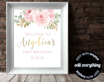 Roze bloemen eerste verjaardag welkom teken eerste verjaardag welkom teken Floral eerste verjaardag decor verjaardag welkom teken afdrukbaar welkomstbord