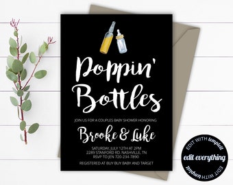 Invitación para baby shower de parejas de Poppin' Bottles Invitación mixta para baby shower de Poppin Bottles Plantilla de invitación para baby shower de Poppin Bottles