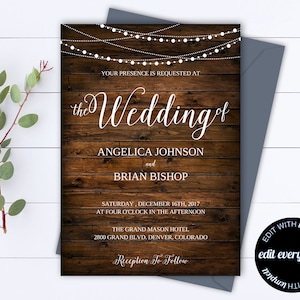 May include: Wedding invitation with a rustic wood background and string lights. The invitation reads "the Wedding of Angelica Johnson and Brian Bishop" with event details. Includes a gray envelope and the text "edit everything".
