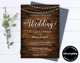 Country Wedding Invitation Template - Southern Wedding Invitations - Barn Wedding invitation - Rustic Wedding Set - String lights - PDF