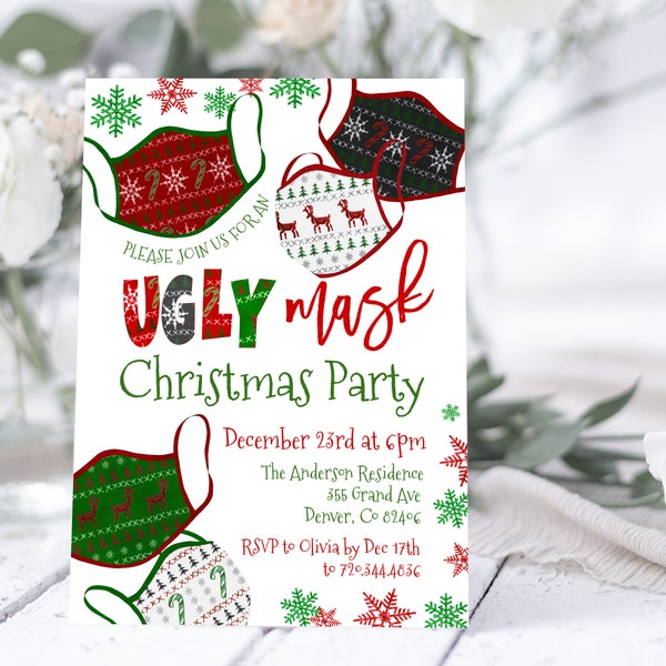 Editable Ugly Mask Christmas Party Invitation Template Ugly Mask Holiday Party Invite Ugly Mask Holiday Invitation Ugly Mask Invite