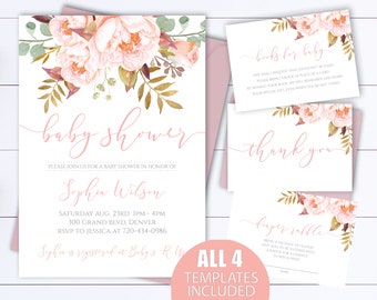 Roze bloemen baby shower uitnodiging sjabloon Floral baby shower uitnodigen Meisje baby shower uitnodiging Instant Download afdrukbare uitnodiging