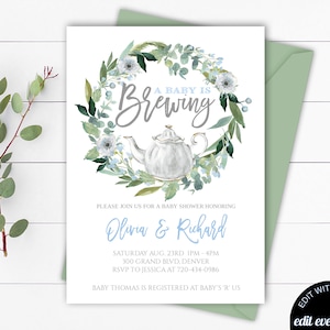 Plantilla de invitación para baby shower de fiesta de té Invitación para fiesta de té de baby shower Invitación de baby shower de té Un bebé se está preparando Invitación para baby shower