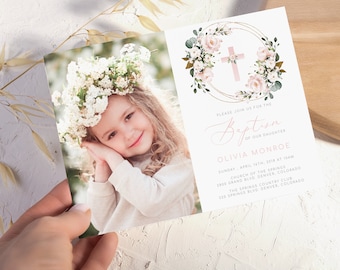 Blush Floral Baptism Invitation Template Girl Baptism Invitation Printable Baptism Invites Christening Invite Baby Girl Baptism Invitation