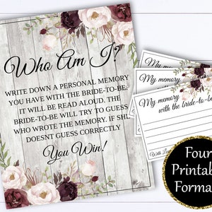 Who Am I Bridal Shower Games Instant Download Who Am I Game Bridal Shower Printable Memory Game Bridal Shower Memory - Bridal Games