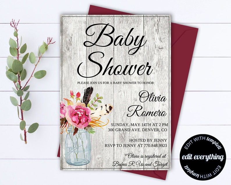 Rustic Baby Shower Invitation Template Girl Baby Shower Invite Baby Boy Shower Invitation Country Baby Shower Template Rustic Shower image 1