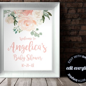 Cartello di benvenuto floreale rosa per baby shower Cartello di benvenuto per bambini Arredamento rosa per baby shower Cartello per doccia di benvenuto Cartello di benvenuto stampabile Cartello stampabile