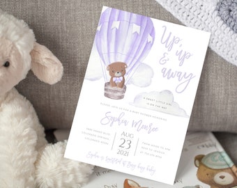 Mall för inbjudan till babyshower med varmluftsballong och nallebjörn. Upp och bort. Inbjudan till varmluftsballong och redigerbar babyshowerinbjudan för flicka.