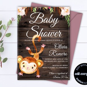 Plantilla de invitación de baby shower de mono Invitación de baby shower de niño mono Plantilla de baby shower de mono Invitación de baby shower rústico de mono