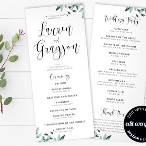 May include: Two-page wedding program with elegant calligraphy. The left page features the names "Lauren and Grayson" and ceremony details. The right page lists the wedding party. Greenery accents the top and bottom.
