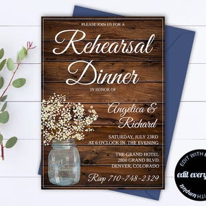 Invitación de cena de ensayo de boda rústica Invitación de ensayo de boda con aliento de bebés Invitación de ensayo de boda Plantilla de ensayo imprimible