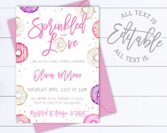 Donut Sprinkle Invitation Template Sprinkled with Love Baby Shower Invitation Baby Sprinkle Donut Invite Donut Sprinkle Baby Shower Invite
