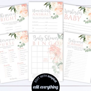 Pink Floral Baby Shower Games Printable Baby Shower Games Package Baby Shower Activity Printable Baby Shower Bingo Baby Shower Printable