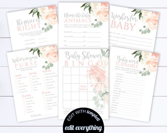 Pink Floral Baby Shower Games Printable Baby Shower Games Package Baby Shower Activity Printable Baby Shower Bingo Baby Shower Printable