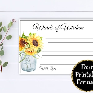 Words of Wisdom Bridal Shower cards - Words of Wisdom Cards - Advice Cards - Baby Shower Games - Sunflower Words of Wisdom Baby Shower Cards