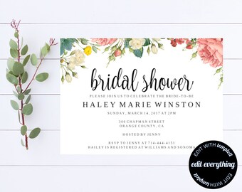 May include: A bridal shower invitation with floral accents. The invitation features the text "bridal shower" in elegant script, along with event details. The design includes a floral border with pink, yellow, and white flowers.