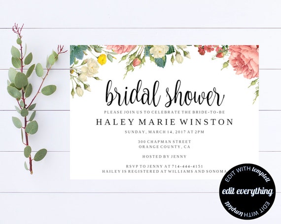 Bridal Shower Invitation - Floral Bridal Shower Invite - Printable Invite Wedding Shower - Printable Bridal Invitation - Floral Invitation