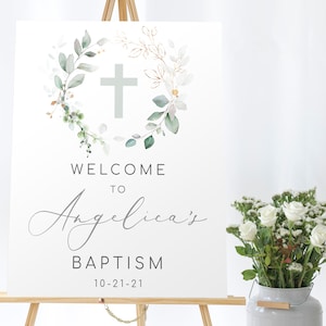 Editable Greenery Baptism Welcome Sign Template Eucalyptus Baptism Sign Christening Welcome Sign Custom Baptism Sign Baptism Party Welcome