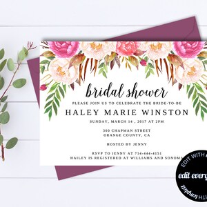 K&ouml;nnte beinhalten: Einladung zur Brautparty mit floralem Design. Die Einladung enth&auml;lt den Text "bridal shower" und Details f&uuml;r Haley Marie Winstons Veranstaltung, einschlie&szlig;lich Datum, Uhrzeit und Ort. Das Design umfasst rosa und wei&szlig;e Blumen und gr&uuml;nes Laub.