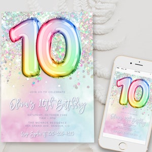 Bearbeitbare 10. Geburtstag Einladung Vorlage Regenbogen Glitzer Geburtstag Invite Folie Pastell Mädchen 10. Geburtstag Sofort Download Digital BD15
