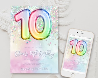 May include: A digital invitation with a rainbow-colored number 10 balloon on a glittery background. The text reads "Join us to celebrate Olivia's 10th Birthday" with details for the event.