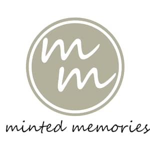 May include: A logo for a business called "minted memories" featuring a circle with two white "M"s inside and a gray background.