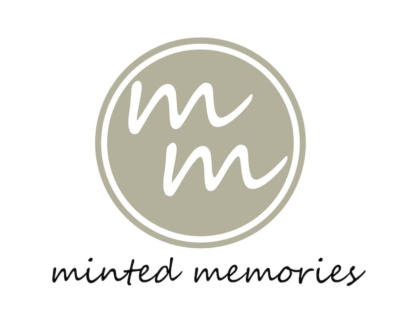 May include: A logo for a business called "minted memories" featuring a circle with two white "M"s inside and a gray background.