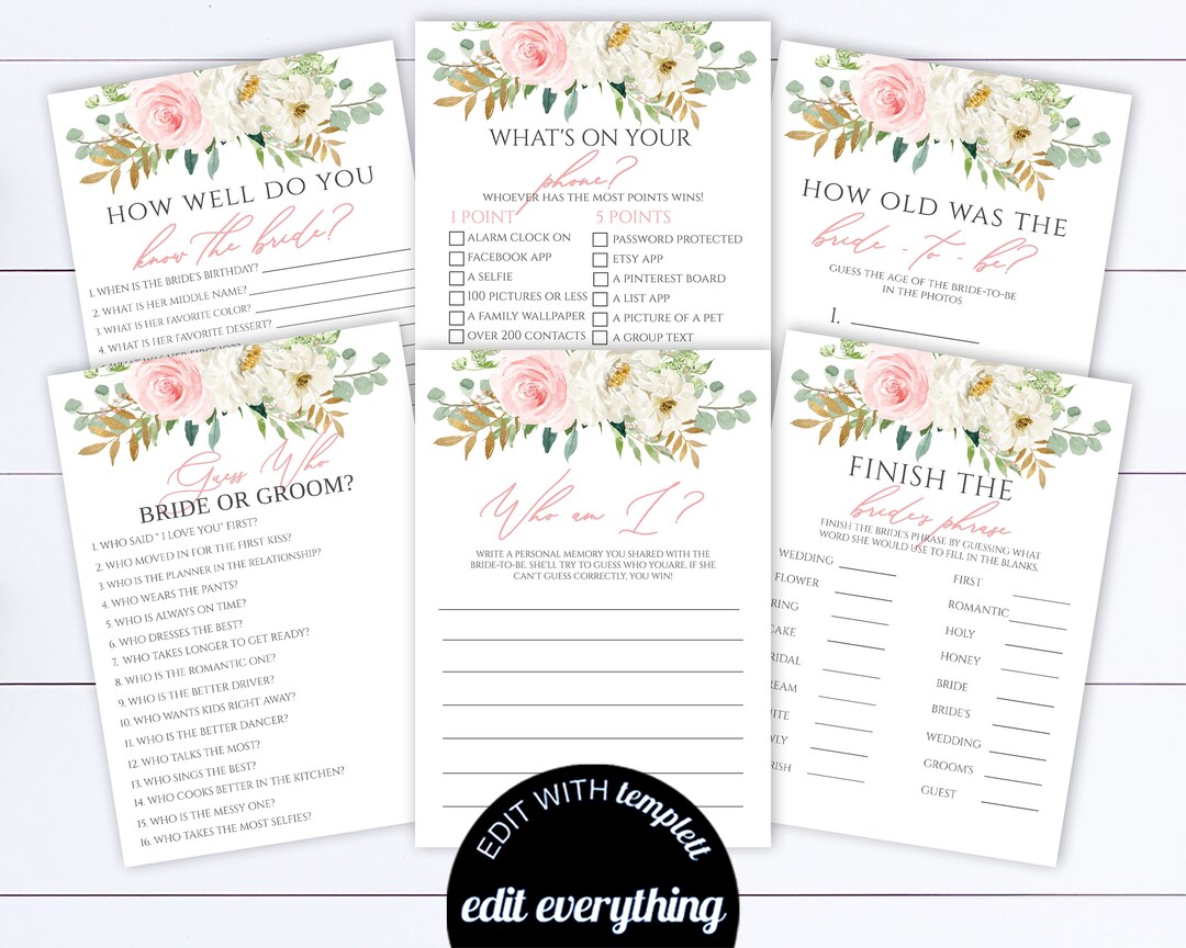 Pink Floral Bridal Shower Games Package Pink Floral Wedding Shower Game ...
