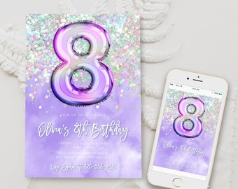 Editable Purple 8th Birthday Invitation Glitter Birthday Party Invite Rainbow Foil Girl Eighth Birthday Instant Download Digital BD22