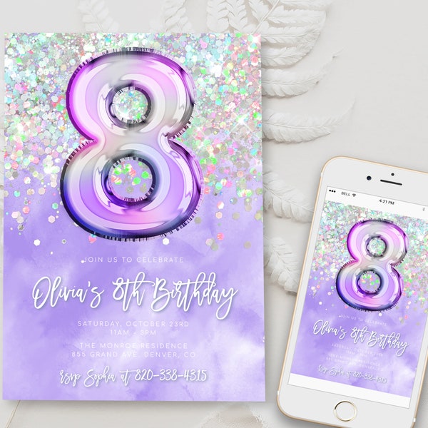 Invito modificabile viola per l'ottavo compleanno Invito festa di compleanno glitter Arcobaleno Foil Girl Ottavo compleanno Download immediato digitale BD22