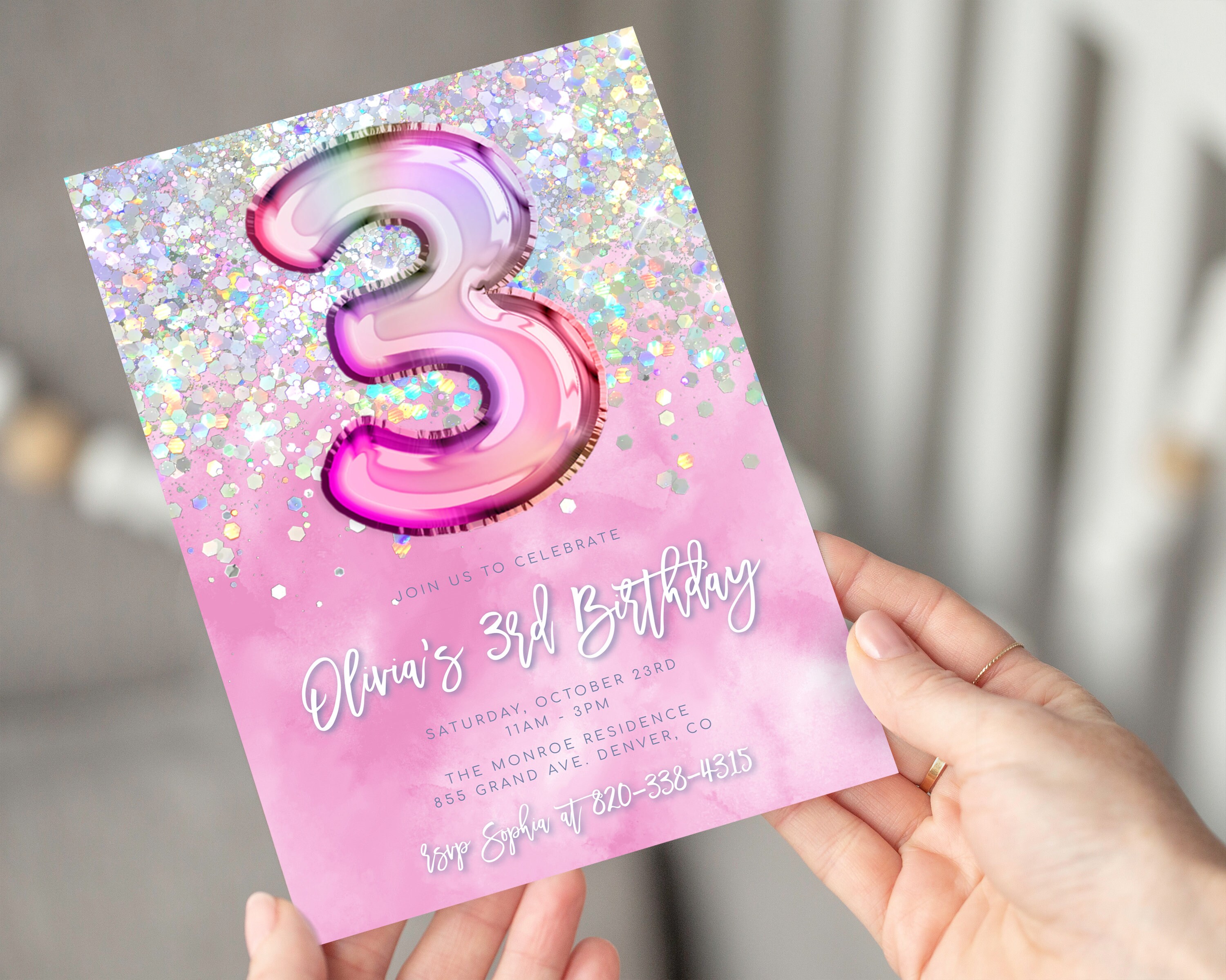 Editable Pink 3rd Birthday Invitation Template Glitter Birthday Party ...
