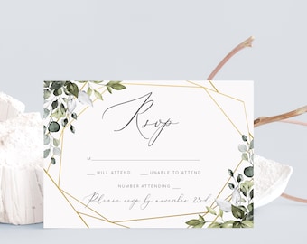 Plantilla de tarjeta RSVP editable Tarjeta de respuesta de boda verde Tarjetas RSVP geométricas Tarjeta Rsvp de eucalipto editable Tarjeta de respuesta imprimible VENETO