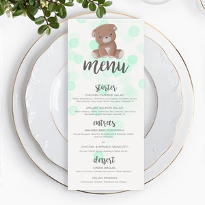 Bear Baby Shower Menu Template Bear Menu Cards Teddy Bear Birthday Menu Card Baby Shower Menu Card Printable Birthday Menu Cards