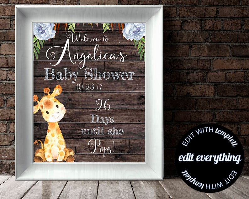 May include: A printable baby shower countdown sign with a giraffe illustration, blue flowers, and the text "Welcome to Angelicas Baby Shower 10-23-17 26 Days until she Pops!"