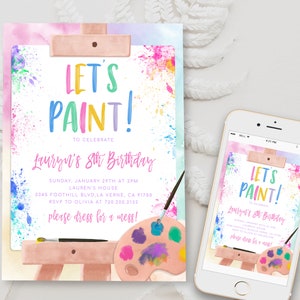 Editable Art Birthday Party Paint Party Invitation Template Pastel Rainbow Watercolor Paint Theme Artist Brushes Easel Digital Invite BD19