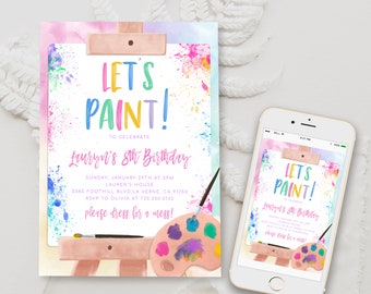 Editable Art Birthday Party Paint Party Invitation Template Pastel Rainbow Watercolor Paint Theme Artist Brushes Easel Digital Invite BD19