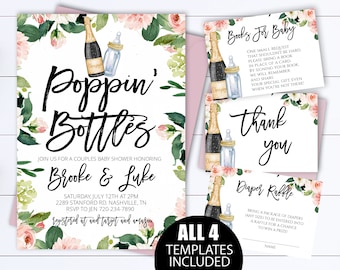 Champagne Poppin' Botellas Parejas Baby Shower Invitación Poppin Botellas Co-ed Baby Shower Invitación Floral Poppin Botellas Baby Shower