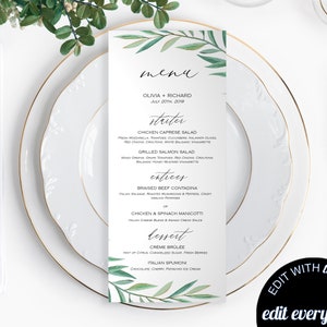 Greenery Wedding Menu Template Garden Wedding Menu Cards Botanical Menu Eucalyptus Menu Card Greenery Menu Card Printable Wedding Menu Cards