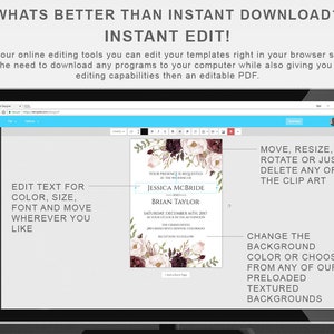May include: A computer screen displaying a wedding invitation template with a floral design. The text on the screen reads "Your presence is requested at the wedding of Jessica McBride and Brian Taylor". The screen also shows options for editing the template, such as changing the text, colours, and background.