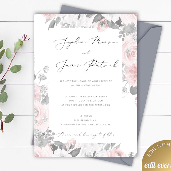 Blush Floral Wedding Invitation Templates Gray Wedding Invitations Garden Wedding Invite Grey Blush Floral Wedding Invite Pink Invitation