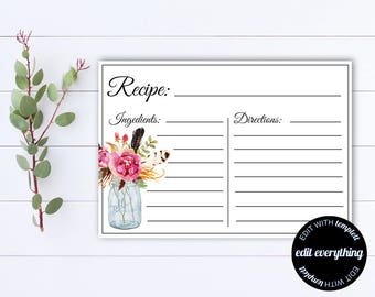 Floral Bridal Shower Recipe Cards Printable Bridal Recipe Card Printable Recipe Template Feather Recipe Card Cooking Recipe Card Template